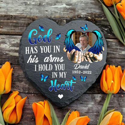 God Has You In His Arms - Personalized Custom Heart Shaped Stone With Stand