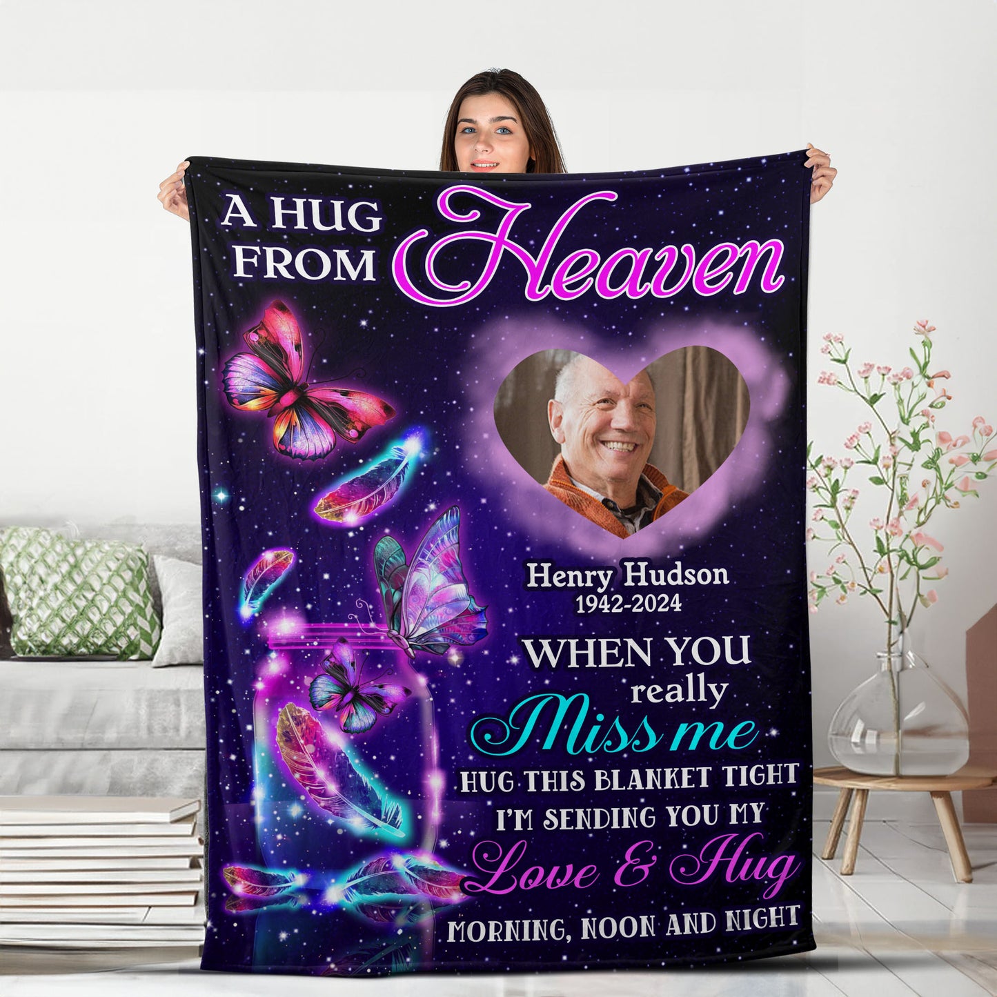 Hug Morning, Noon and Night - Memorial Personalized Custom Blanket - Christmas Gift, Sympathy Gift