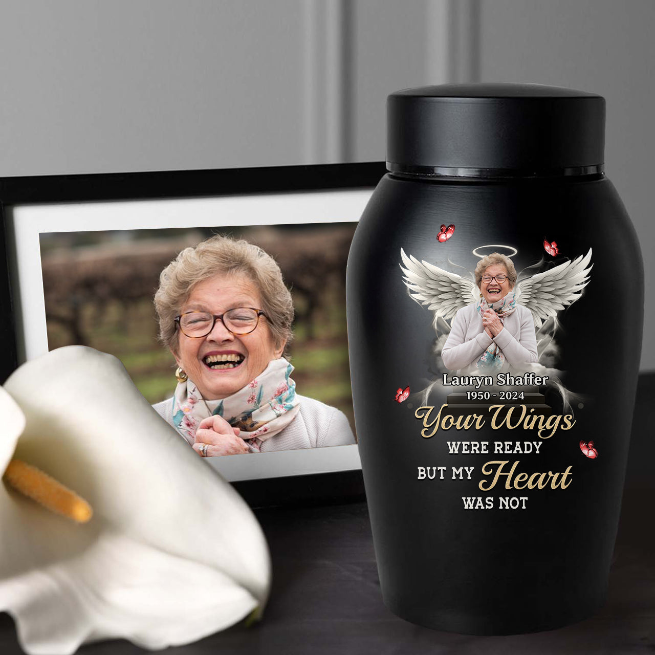 Your Wings Were Ready Memorial Urn - Personalized Photo Urn - Modern Ashes Urn