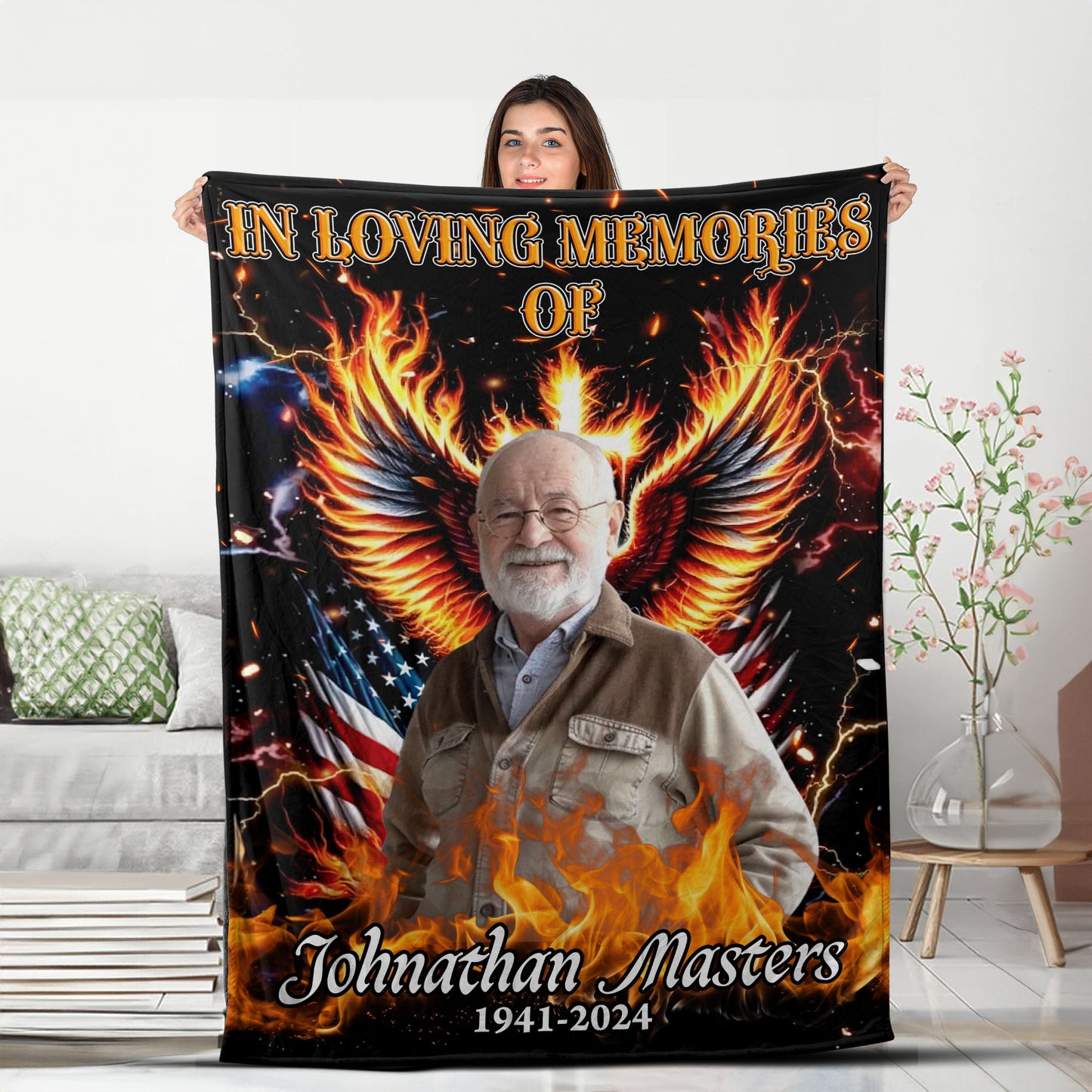 In Loving Memory Fire Wings - Memorial Personalized Custom Blanket - Christmas Gift, Sympathy Gift