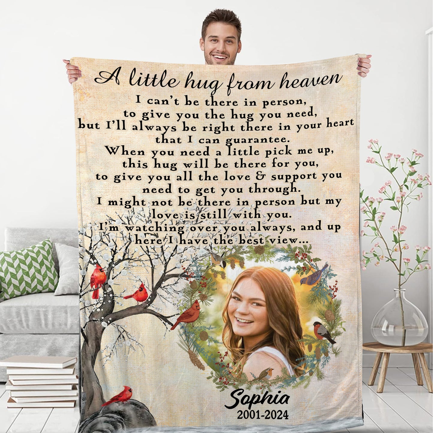 Little Hug From Heaven Cardinal - Memorial Personalized Custom Blanket - Christmas Gift, Sympathy Gift