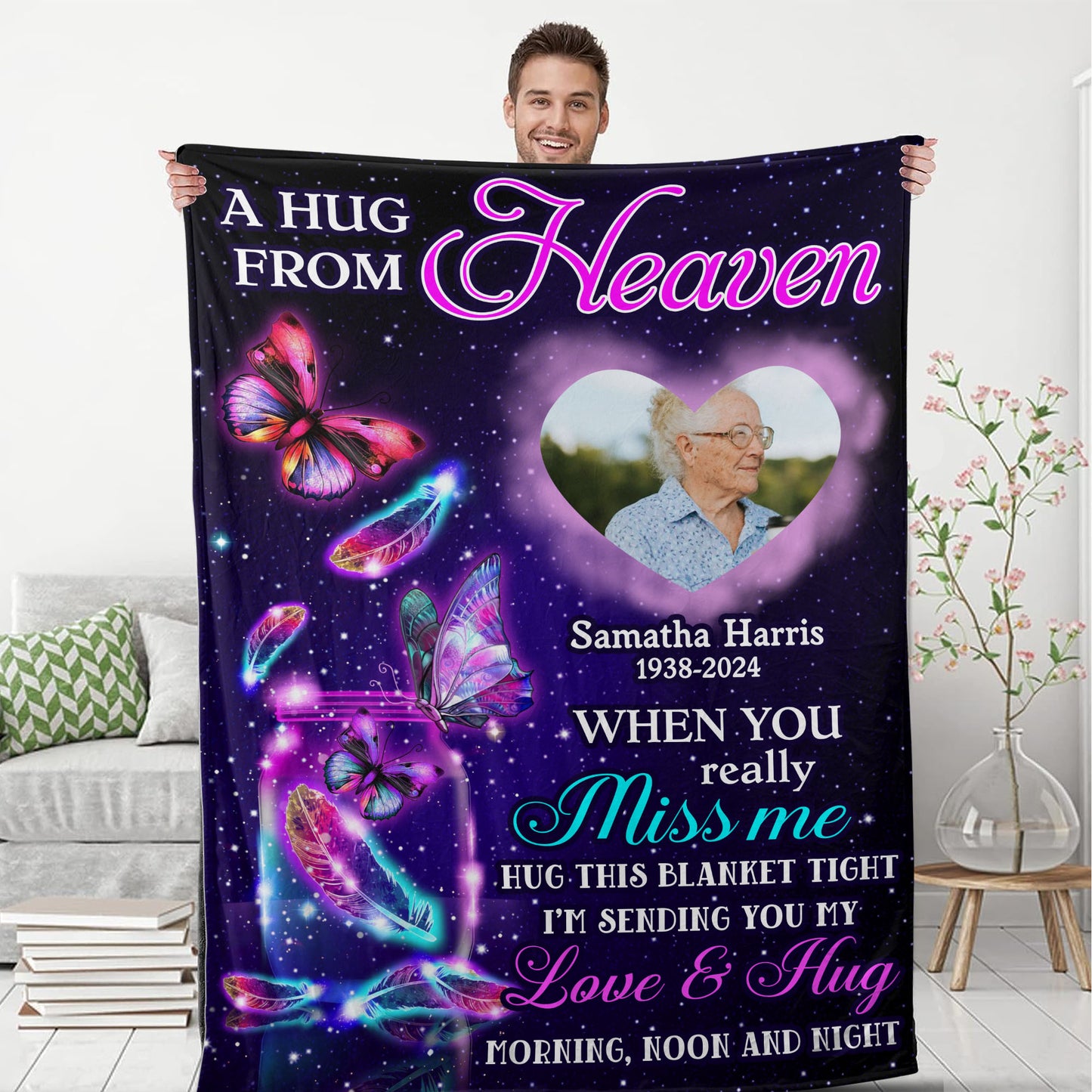 Hug Morning, Noon and Night - Memorial Personalized Custom Blanket - Christmas Gift, Sympathy Gift