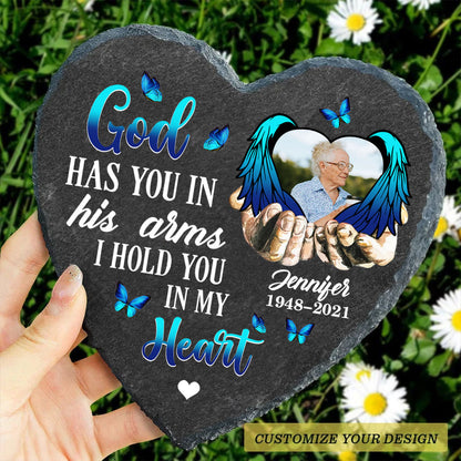 God Has You In His Arms - Personalized Custom Heart Shaped Stone With Stand