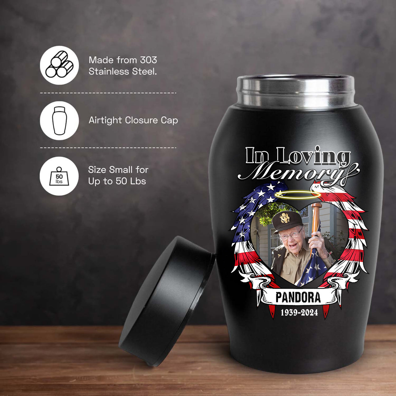 Veteran Custom Photo Urn - In Loving Family Urn- Personalized Photo Urn - Modern Ashes Urn