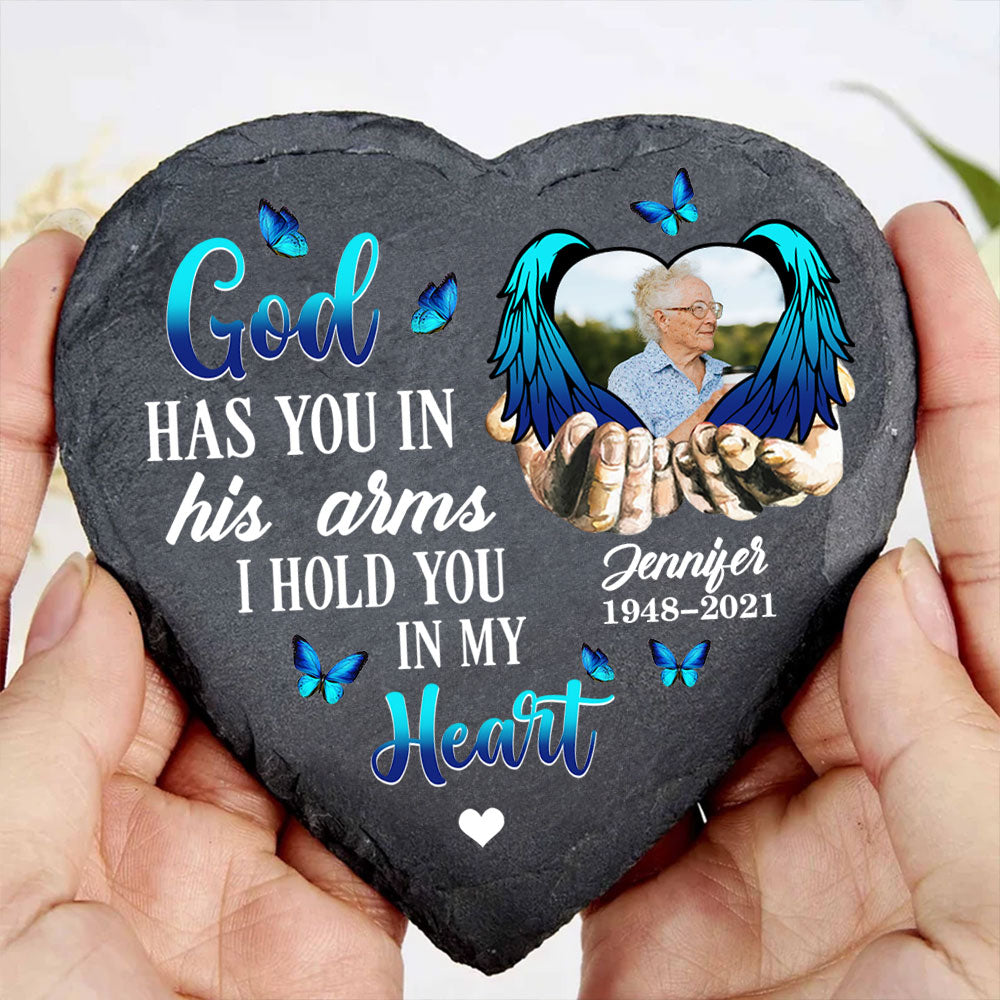 God Has You In His Arms - Personalized Custom Heart Shaped Stone With Stand