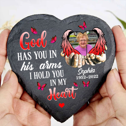 God Has You In His Arms - Personalized Custom Heart Shaped Stone With Stand