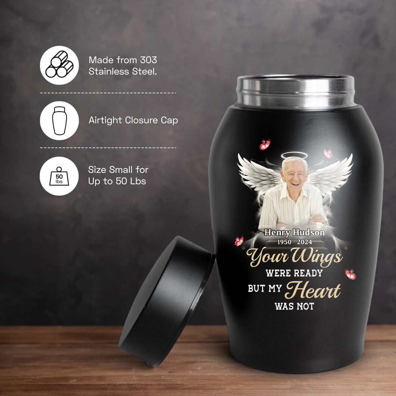 Your Wings Were Ready Memorial Urn - Personalized Photo Urn - Modern Ashes Urn