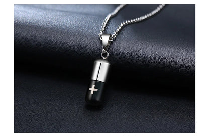 Hollow Pill Necklace for Men Women,Cross Engraved,Cremation Urn Pendant,Perfume Holder,Ashes Vial Keepsake Memorial Jewelry