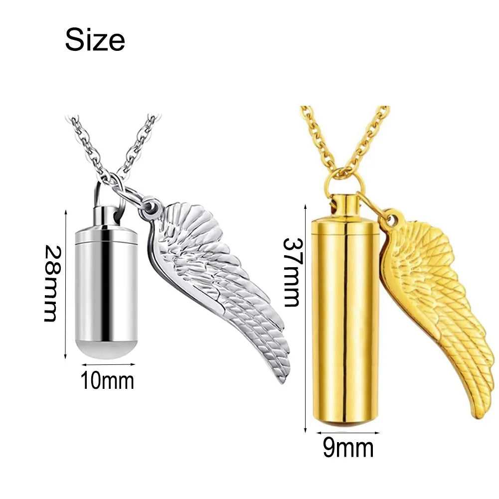 3 colors Cylinder Cremation Urn Necklace for Ashes Memorial Keepsake Pendant with Angel Wing Stainless Steel Remembrance Jewelry