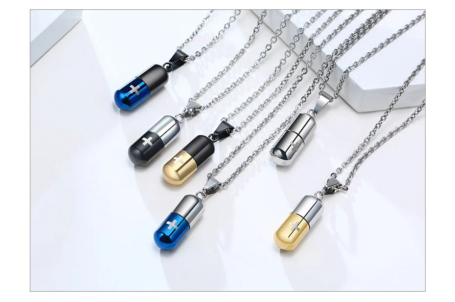 Hollow Pill Necklace for Men Women,Cross Engraved,Cremation Urn Pendant,Perfume Holder,Ashes Vial Keepsake Memorial Jewelry