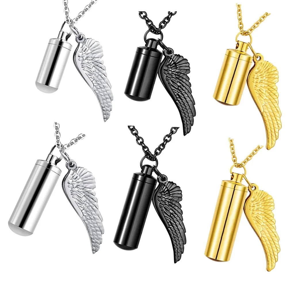 3 colors Cylinder Cremation Urn Necklace for Ashes Memorial Keepsake Pendant with Angel Wing Stainless Steel Remembrance Jewelry