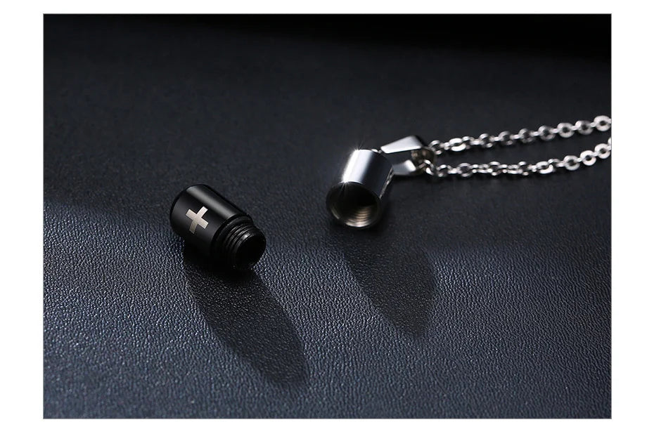 Hollow Pill Necklace for Men Women,Cross Engraved,Cremation Urn Pendant,Perfume Holder,Ashes Vial Keepsake Memorial Jewelry