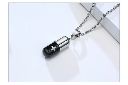 Hollow Pill Necklace for Men Women,Cross Engraved,Cremation Urn Pendant,Perfume Holder,Ashes Vial Keepsake Memorial Jewelry