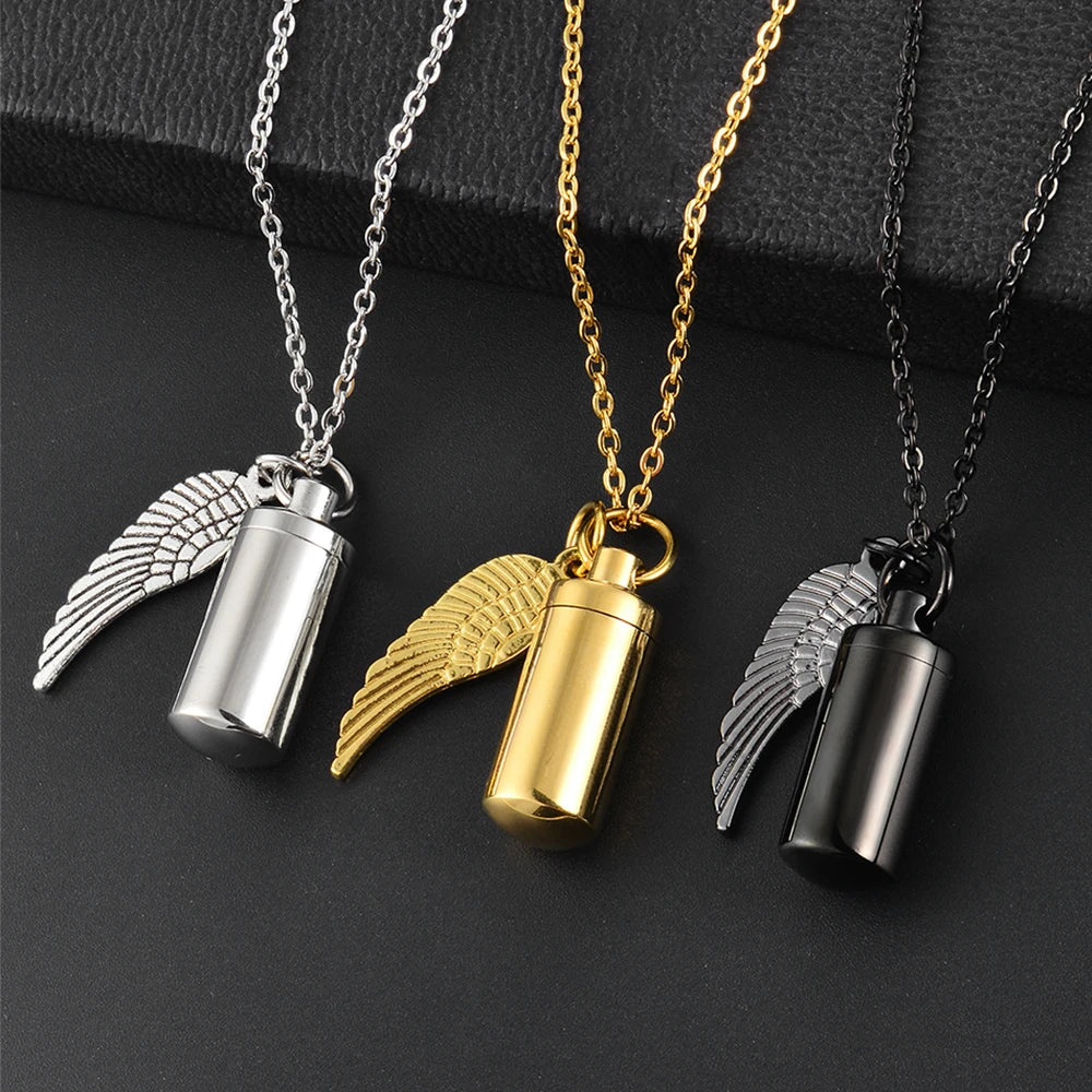 3 colors Cylinder Cremation Urn Necklace for Ashes Memorial Keepsake Pendant with Angel Wing Stainless Steel Remembrance Jewelry