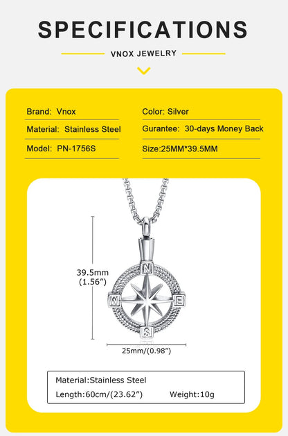 Stylish Navigation Compass Necklace for Men Women,Stainless Steel Urn Cremation for Ashes Collar Keepsake Gifts Jewelry