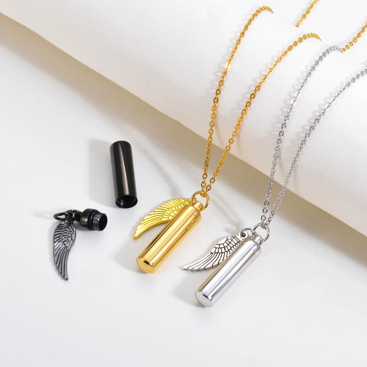 3 colors Cylinder Cremation Urn Necklace for Ashes Memorial Keepsake Pendant with Angel Wing Stainless Steel Remembrance Jewelry