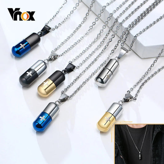 Hollow Pill Necklace for Men Women,Cross Engraved,Cremation Urn Pendant,Perfume Holder,Ashes Vial Keepsake Memorial Jewelry