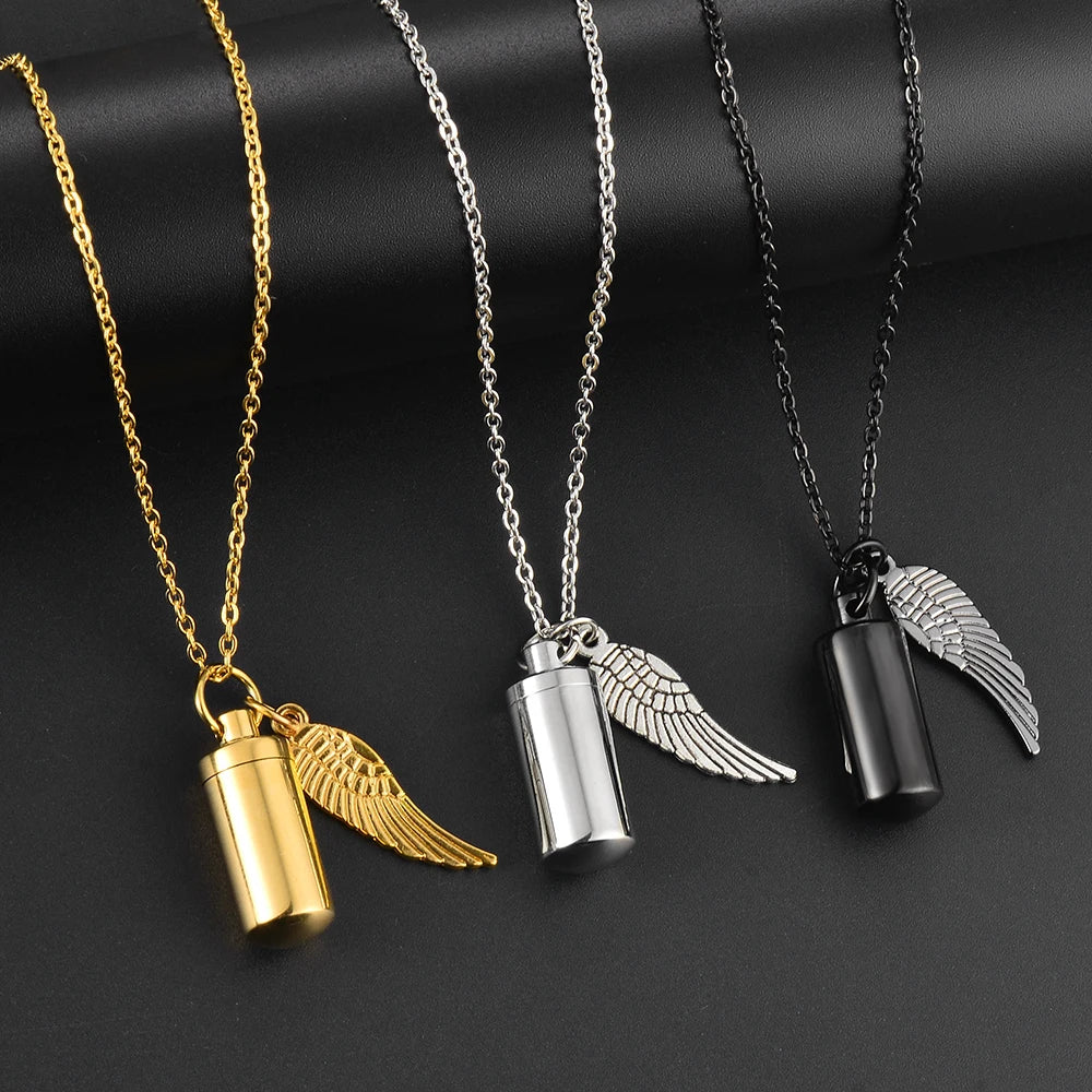 3 colors Cylinder Cremation Urn Necklace for Ashes Memorial Keepsake Pendant with Angel Wing Stainless Steel Remembrance Jewelry