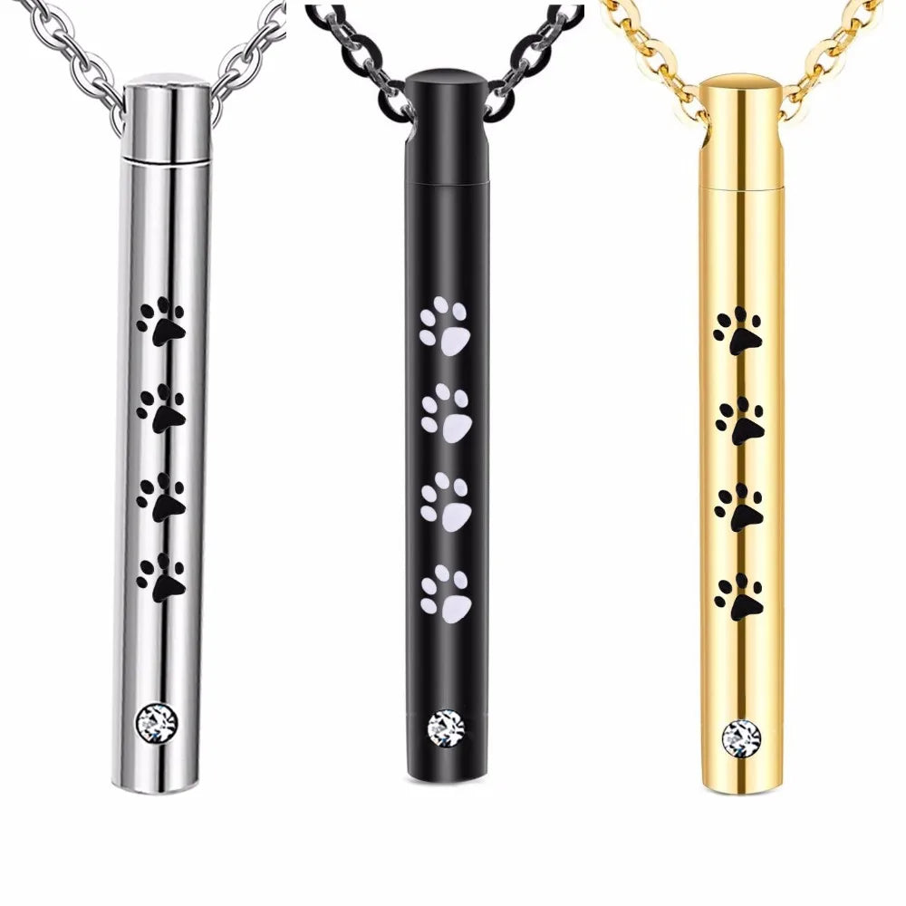 Unisex Stainless Steel Pet,Dog Jewelry Cylinder Crystal Memorial Urn Paw Pendant Screw Open Cremation Necklace Ash Case Holder